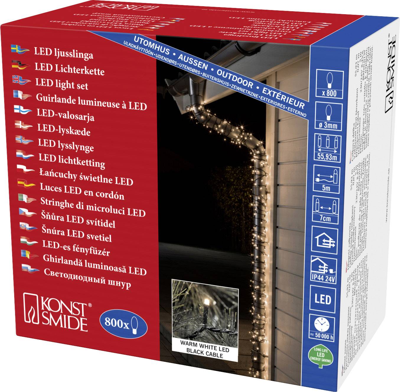 Opakowanie łańcucha świetlnego LED firmy Konstsmide. Zawiera 800 lamp, ciepłe białe diody LED, czarny przewód, odpowiedni do użytku na zewnątrz.