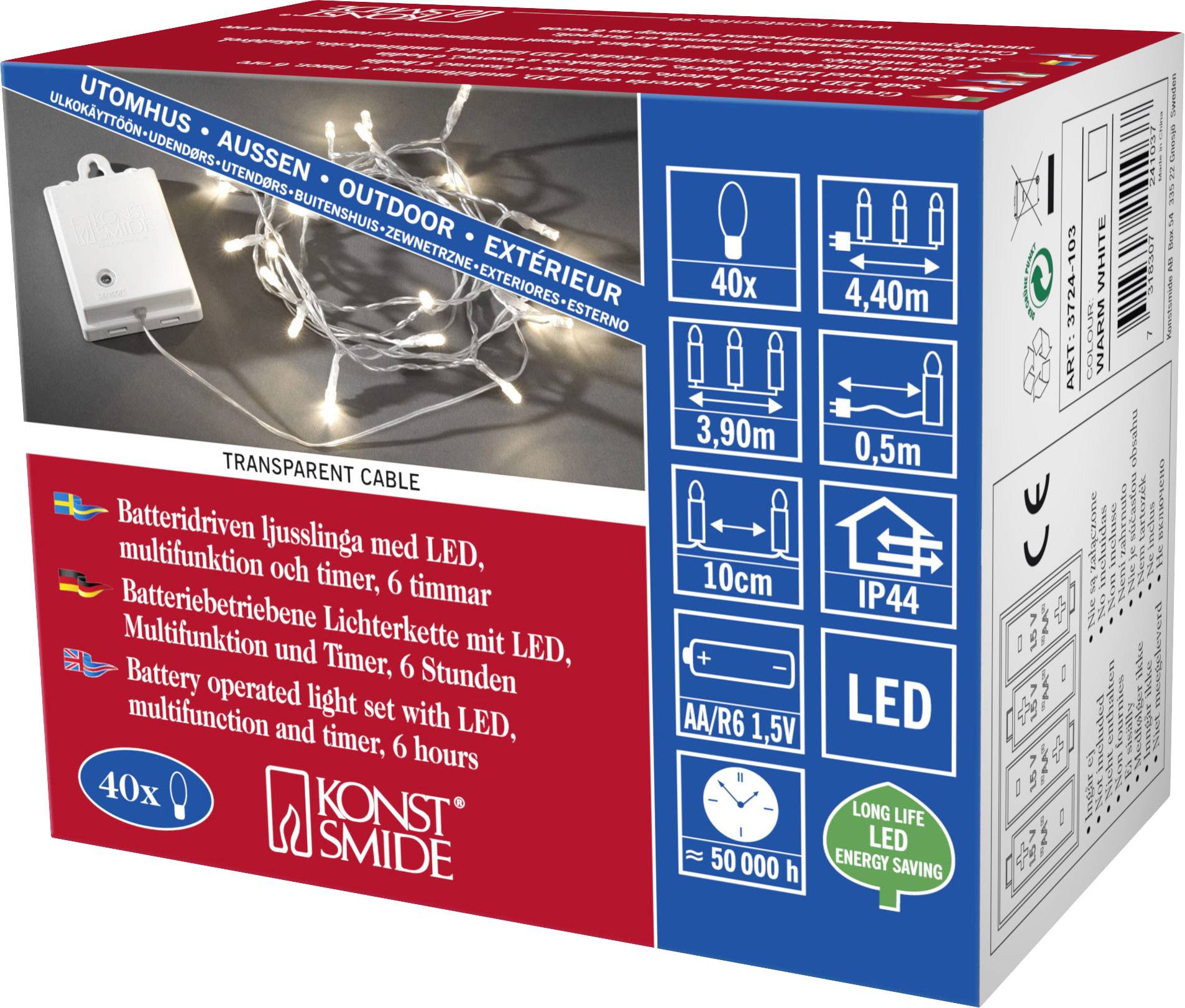 Świąteczna girlanda LED firmy Konstsmide, zasilana bateryjnie, z przezroczystym przewodem, 40 diod LED, do zastosowań na zewnątrz, z timerem 6-godzinnym.