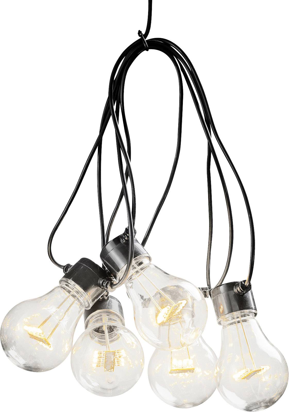 Lampa wisząca z sześcioma żarówkami zwisającymi na czarnych przewodach. Żarówki są włączone i emitują ciepłe światło.