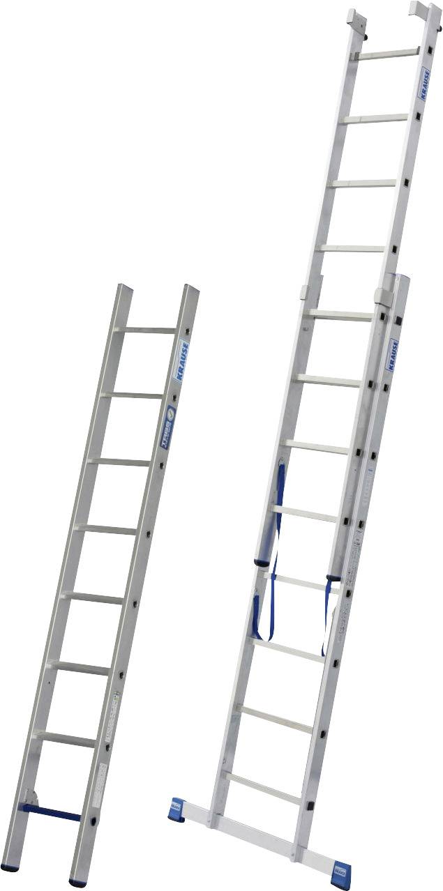 Dwie drabiny: po lewej stronie krótsza, po prawej rozłożona dłuższa drabina. Obie są metalowe i mają niebieskie akcenty.