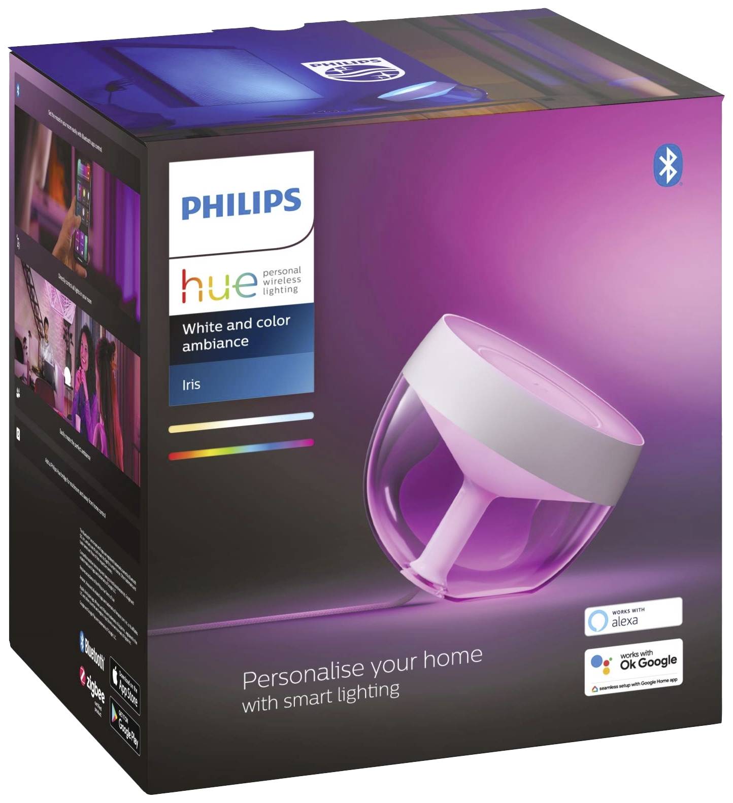 Philips Hue Iris Lampa stołowa do kolorowego i białego oświetlenia, kompatybilna z Alexa i Google Assistant, obsługująca Bluetooth.