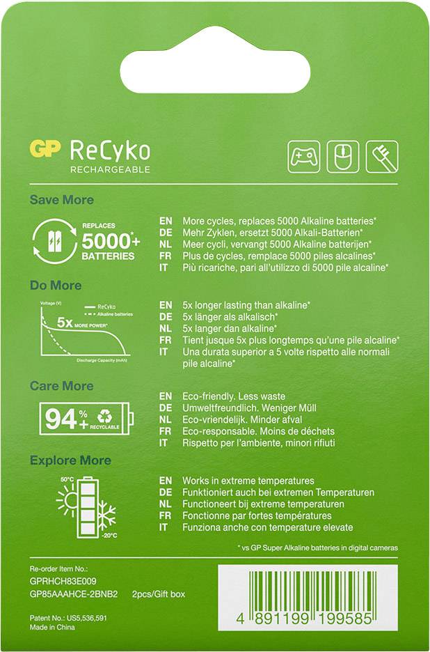 Akumulatorki GP ReCyko, zastępujące 5000+ baterii jednorazowych, przyjazne środowisku. Działają w ekstremalnych temperaturach. 94% nadających się do recyklingu.