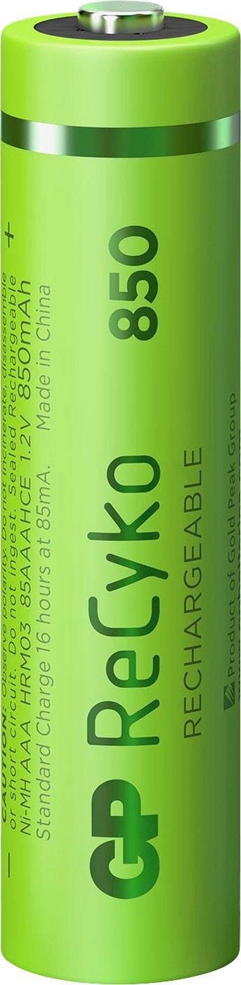 Zielona, wielokrotnie ładowalna bateria NiMH AAA z napisem 'GP ReCyko 850', o pojemności 850 mAh, wyprodukowana w Chinach.