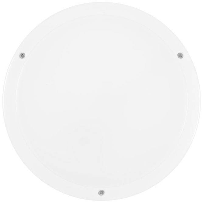 Okrągła, biała lampa sufitowa o minimalistycznym designie z widocznymi trzema śrubami.