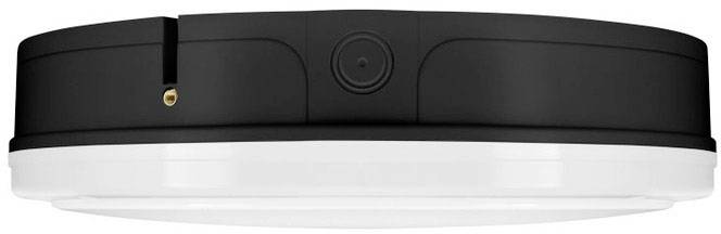 Okrągła, czarna obudowa sufitowa LED z białym dyfuzorem, odpowiednia do instalacji w pomieszczeniach komercyjnych i mieszkalnych.