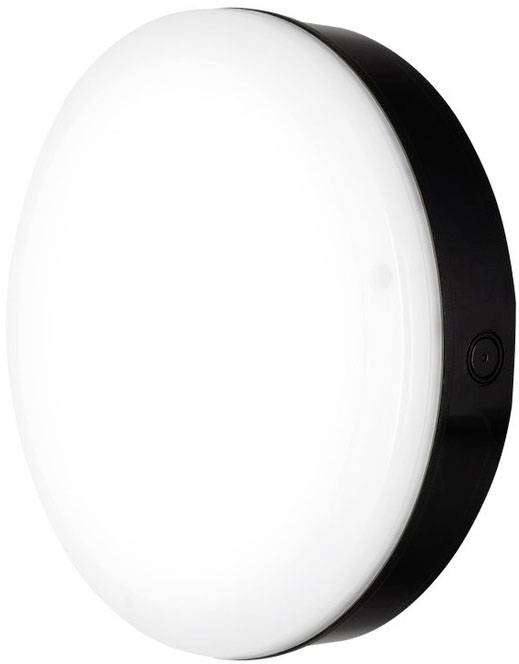 Okrągła, płaska lampa LED ścienna lub sufitowa z czarną ramką i centralnym włącznikiem z boku, odpowiednia do oświetlenia wnętrz.