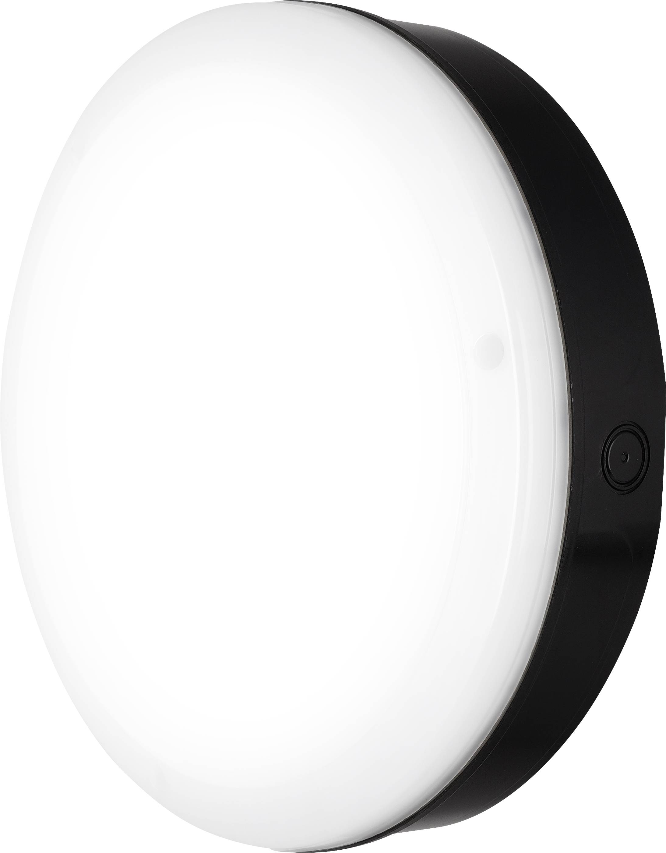 Okrągła, nowoczesna lampa sufitowa LED z czarną ramą i białą osłoną, przeznaczona do wnętrz, zapewniająca równomierne oświetlenie.