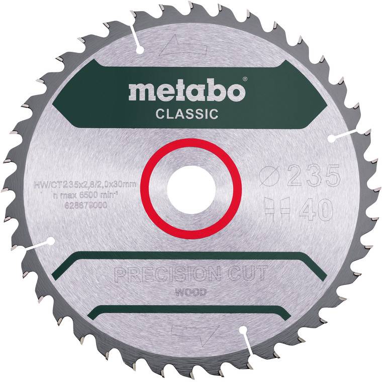 Okrągła tarcza piłarska Metabo Classic do drewna z precyzyjnym cięciem, srebrna z 40 zębami, średnica 235 mm i czerwony pierścień środkowy.