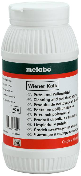 Biały pojemnik proszku czyszczącego i polerującego Metabo 'Wiener Kalk' z wielojęzycznymi etykietami i oznaczeniem 300 g.