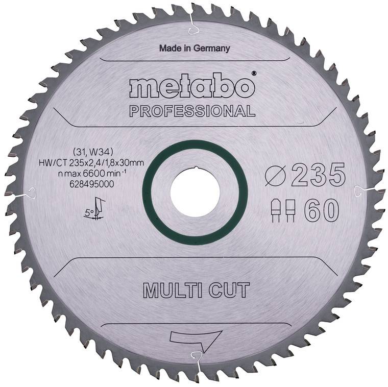 Piła tarczowa wielozastawna Metabo Professional oznaczona etykietą "Made in Germany", średnica 235 mm i 60 zębów.