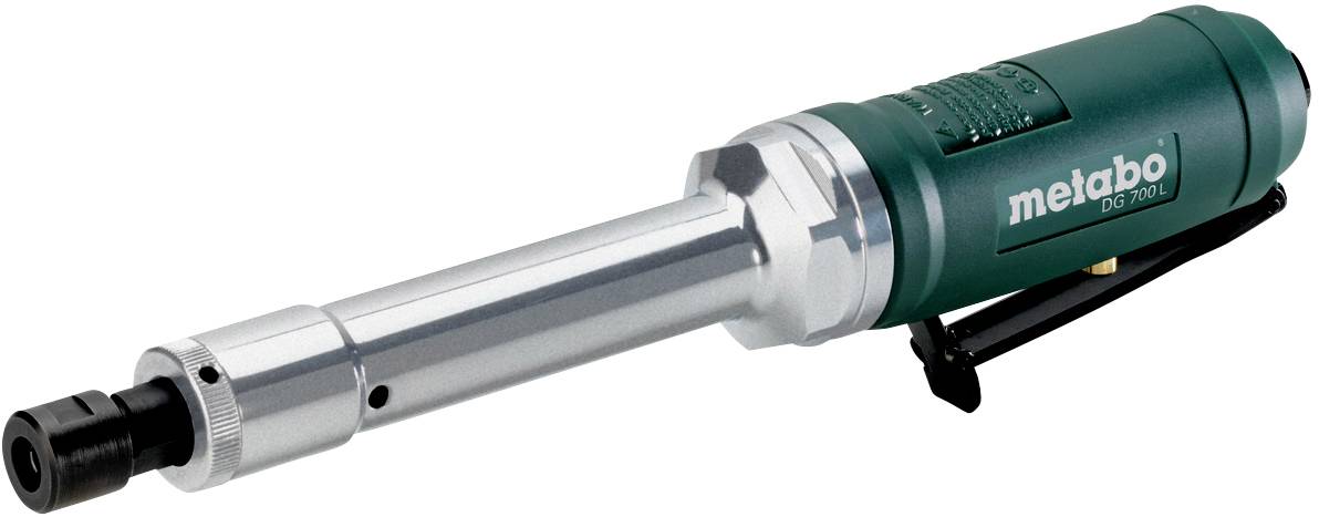 Zielonoszary i srebrny szlifierz prosty Metabo, model DG 700 G, z długoosiową metalową obudową i wysuniętą rękojeścią.