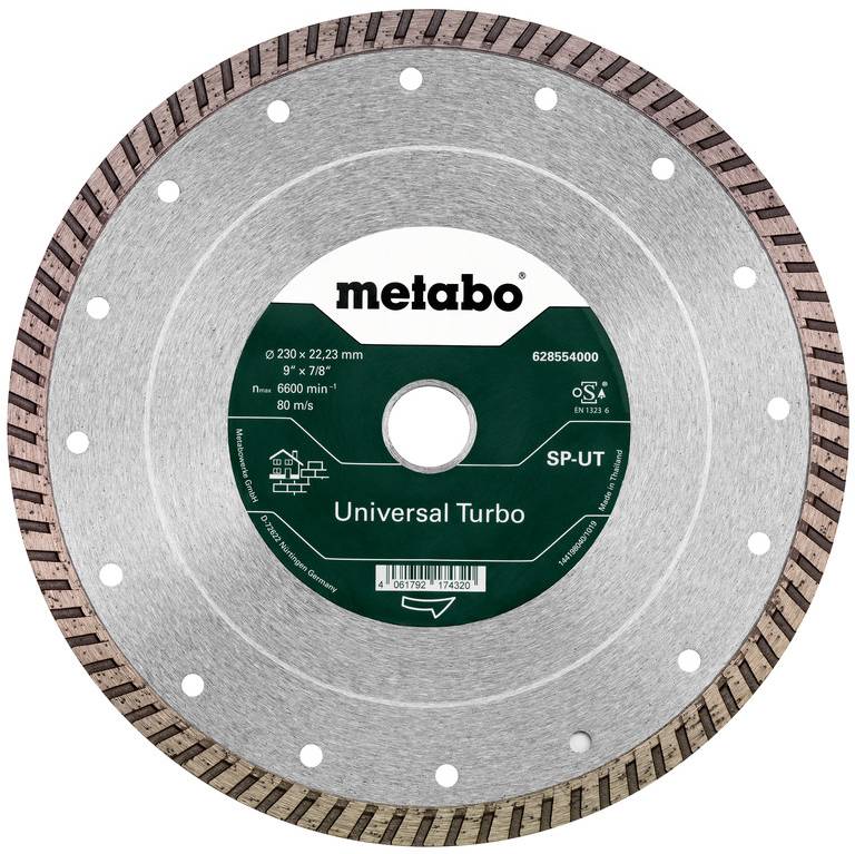 Dysk do cięcia diamentowy Metabo Universal Turbo z zieloną etykietą na środku i segmentowaną krawędzią do cięcia metalu.