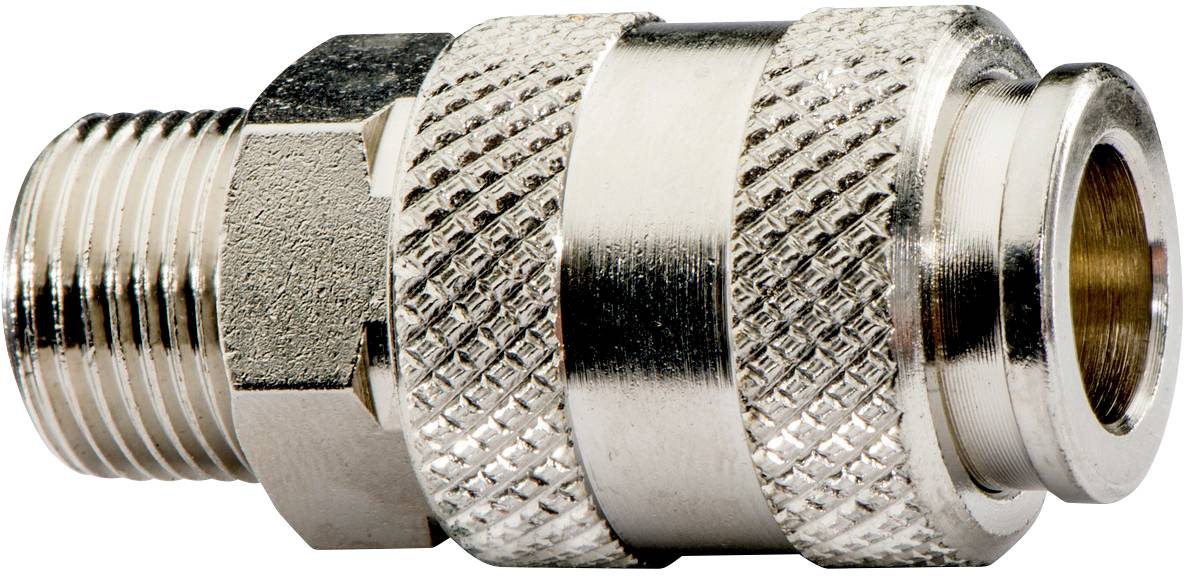 Metalowy adapter złączki z gwintem lewym i żebrowanym uchwytem prawym, odpowiedni do systemów pneumatycznych