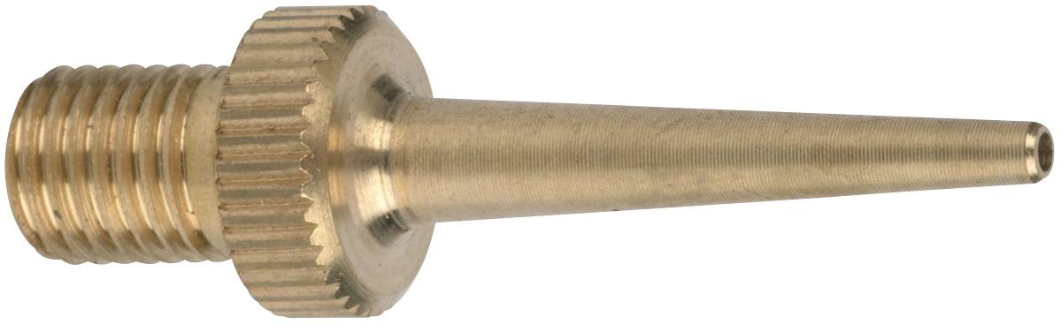 Mosiężna dysza o wąskim, spiczastym końcu i gwintowanej powierzchni. Służy do precyzyjnego kierowania płynów lub gazów.