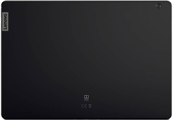 Tylna strona tabletu Lenovo z kamerą w rogu i logo Dolby pośrodku. Czarna powierzchnia.