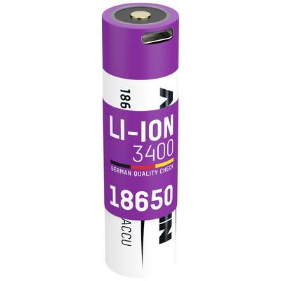Fioletowo-biała bateria litowo-jonowa, format 18650, 3400 mAh, z napisem 'German Quality Check'.