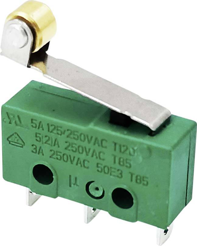 Mały zielony mikrowyłącznik z metalową dźwignią i pozłacanym wałkiem. Nadrukowane specyfikacje techniczne dotyczące obciążalności prądowej są widoczne.