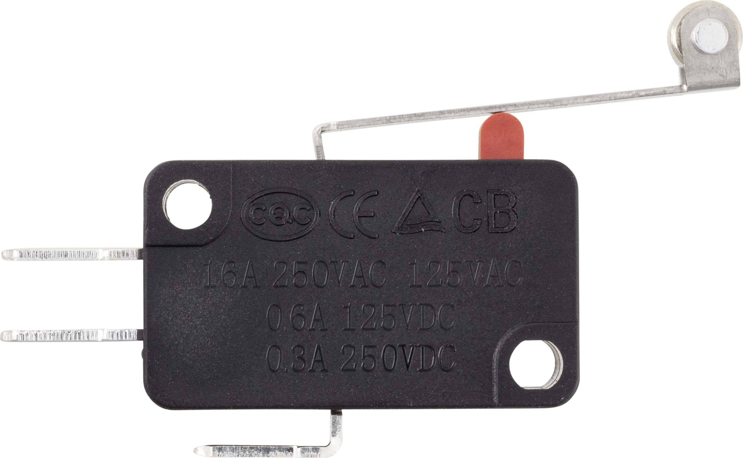 Czarny mikrowyłącznik z dźwignią i czerwonym przyciskiem, z naniesionymi oznaczeniami i specyfikacjami technicznymi dotyczącymi natężenia prądu i napięcia.