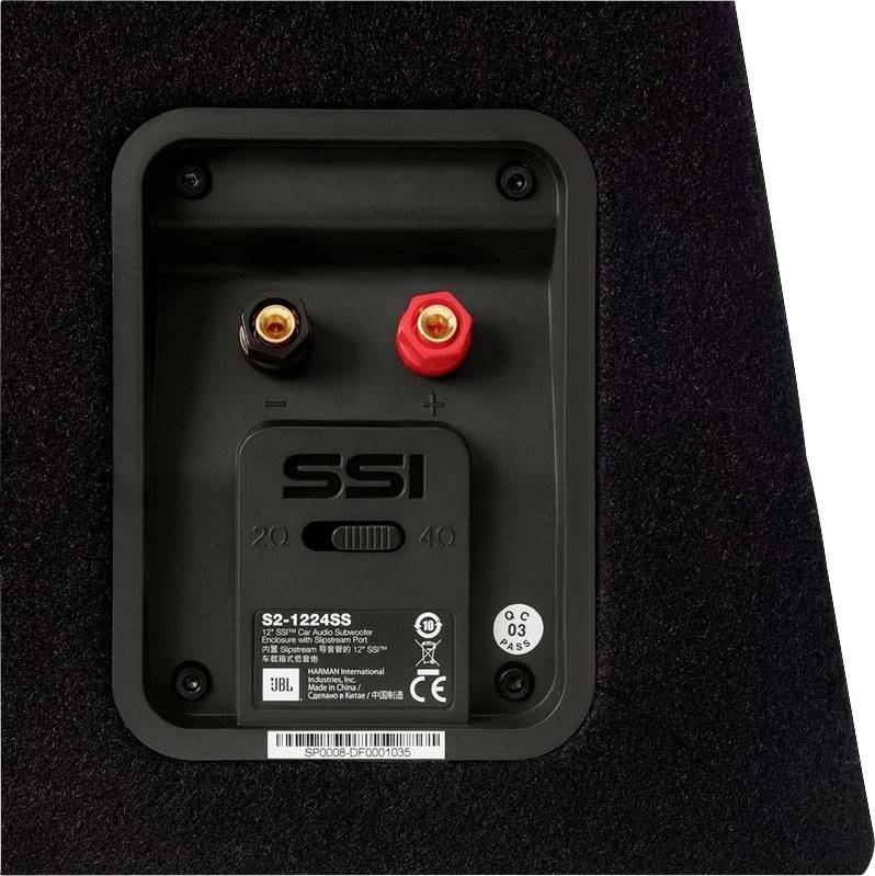 'Tylna strona głośnika z zaciskami przyłączeniowymi w kolorze czerwonym i czarnym. Oznaczone numerami '20' i '40', poniżej numer modelu i znak CE.'