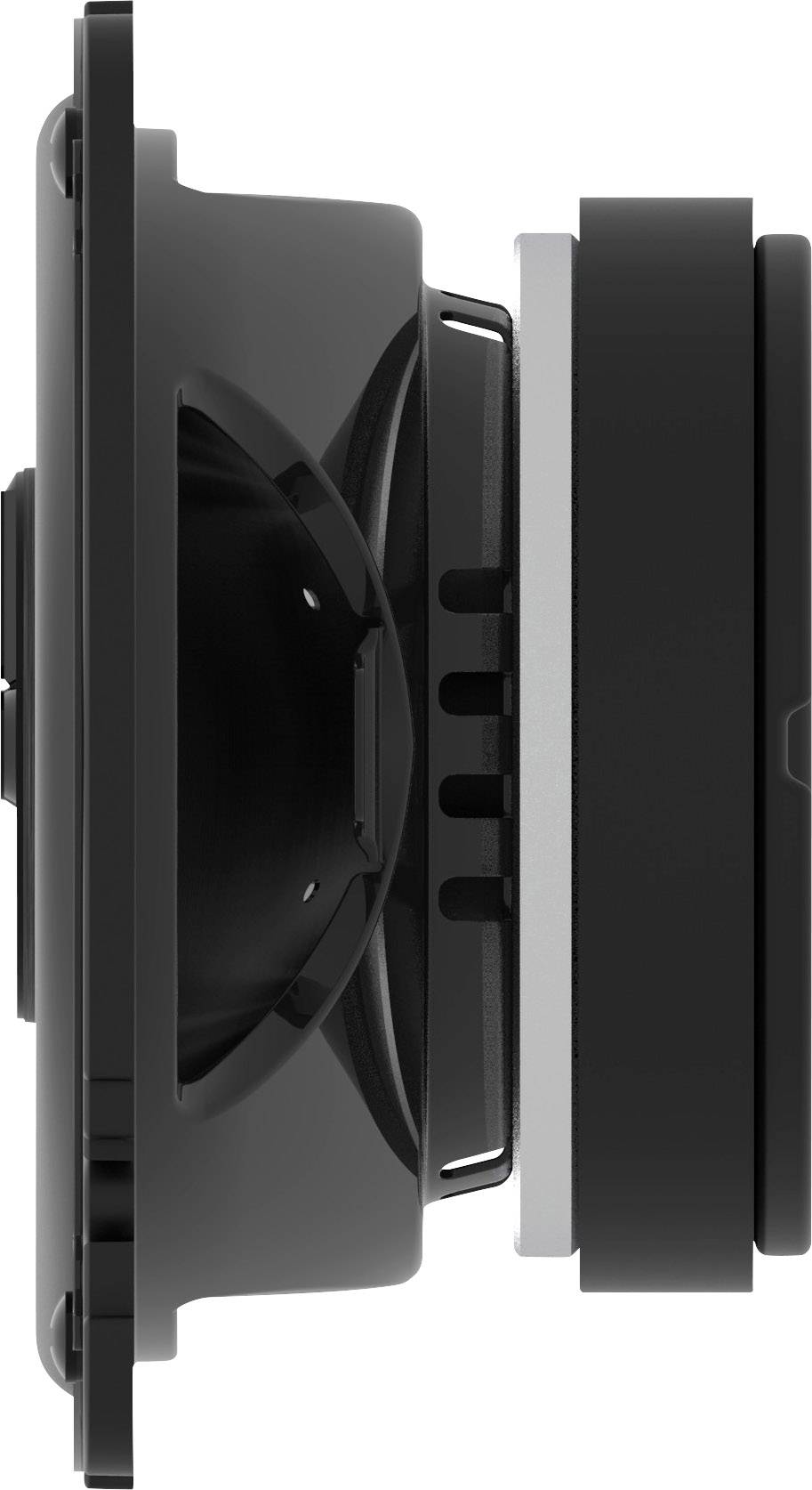 Widok z boku czarnego obiektywu kamery z okrągłą obudową, ukazujący jego strukturę i soczewkowaty kształt.