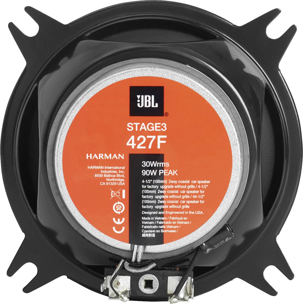 Tył głośnika JBL Stage3 427F z technicznymi szczegółami: 30W RMS, 90W Peak, 4 cale, 3-drożny głośnik samochodowy.