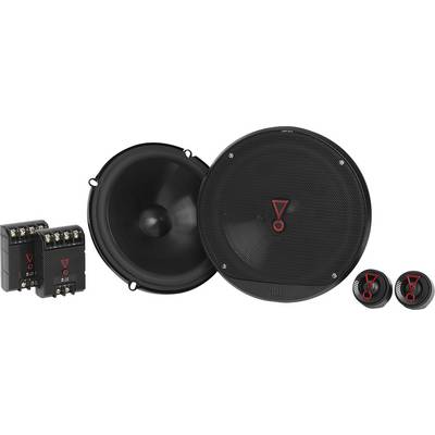 System audio składający się z dwóch głośników, dwóch zwrotnic częstotliwości i dwóch głośników wysokotonowych z czerwonym logo, na białym tle.