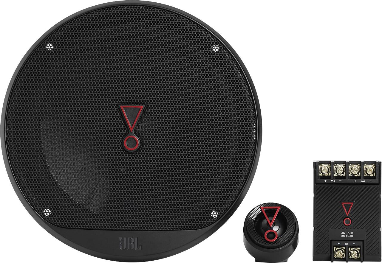 Zestaw głośników samochodowych JBL z dużym głośnikiem, małym przyciskiem i czarną skrzynką przyłączeniową z wieloma złączami.