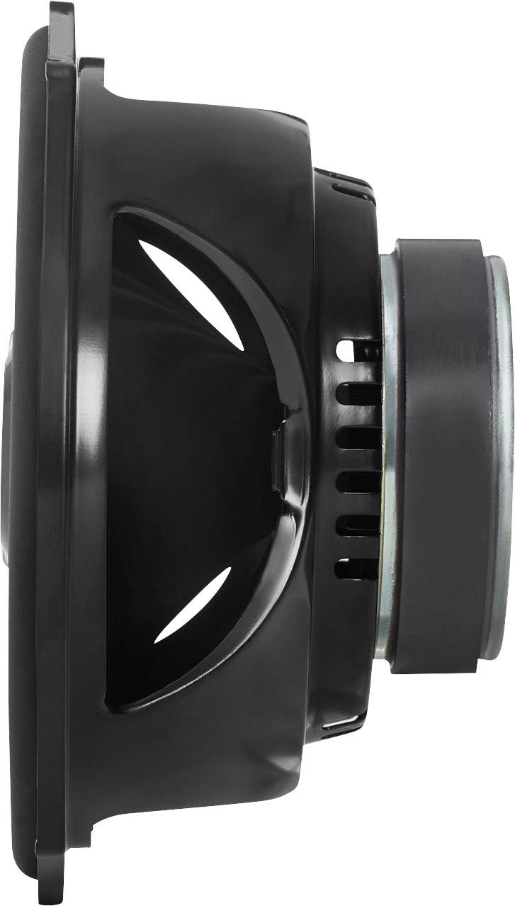 Czarny głośnik widziany z boku, ukazujący szczegóły obszaru membrany i magnesu.