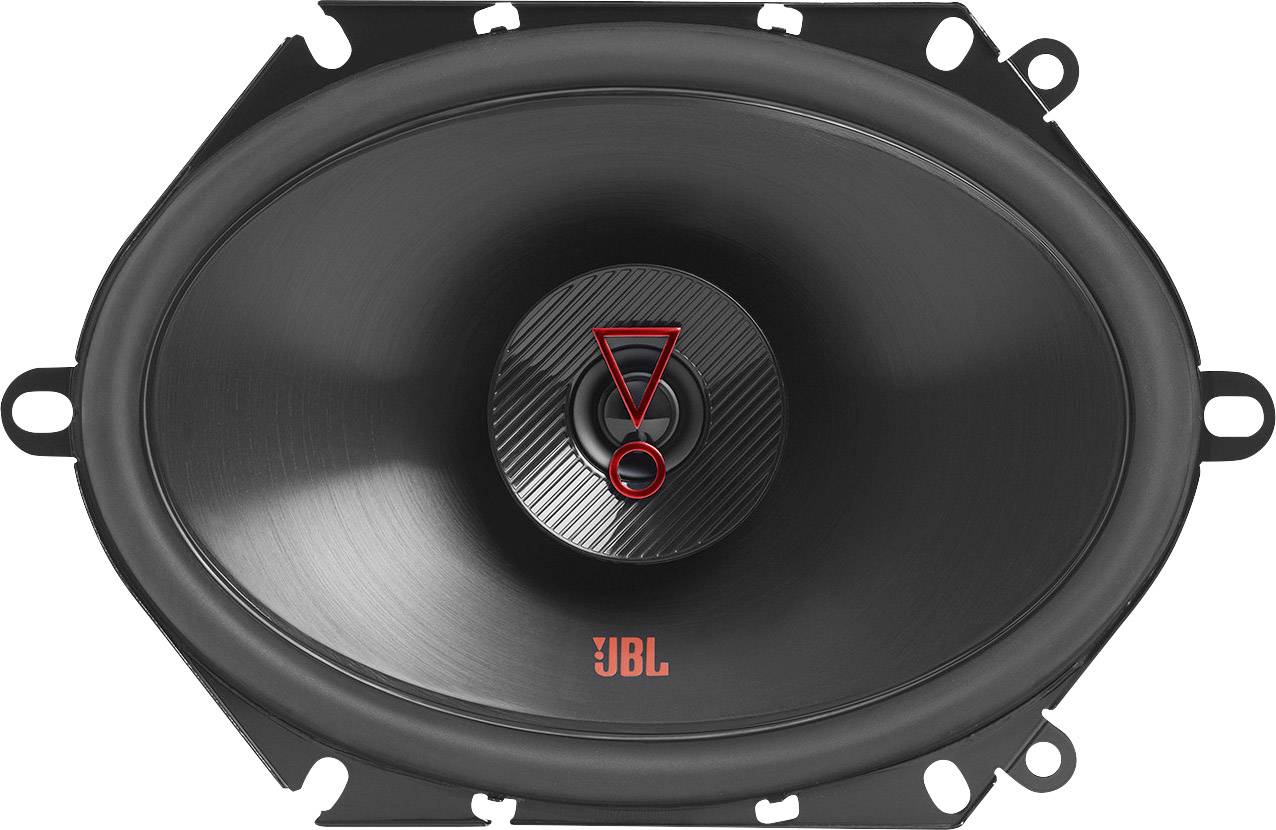 Owalny głośnik z centralnym stożkiem i czerwonym logo JBL na dole. Czarny design, odpowiedni do samochodowych lub domowych systemów audio.