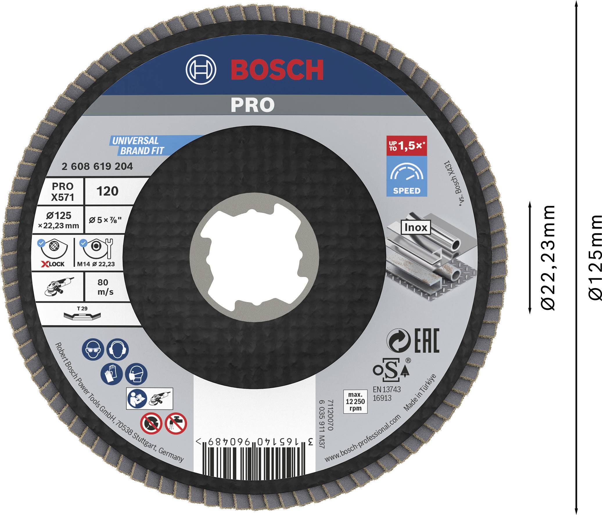 Tarcza tnąca Bosch PRO, średnica 125 mm, przeznaczona do metalu/INOX. Oznaczenia: maksymalnie 12.250 obr/min, maksymalna prędkość 80 m/s.