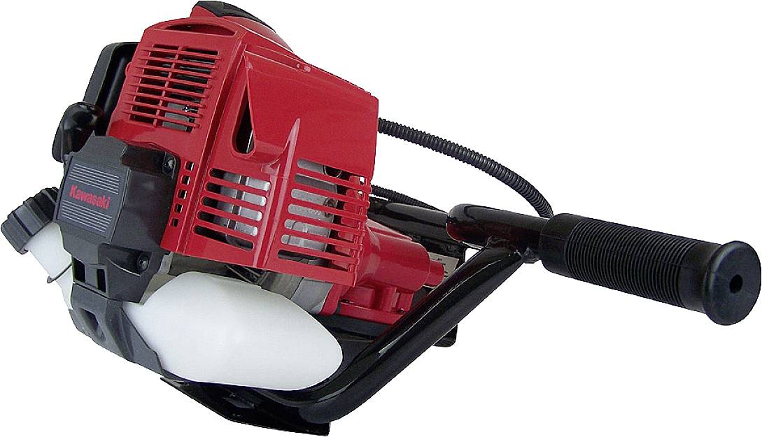 Czerwony wiertnik spalinowy z czarnym uchwytem i zbiornikiem paliwa. Odpowiedni do prac krajobrazowych i budowlanych.