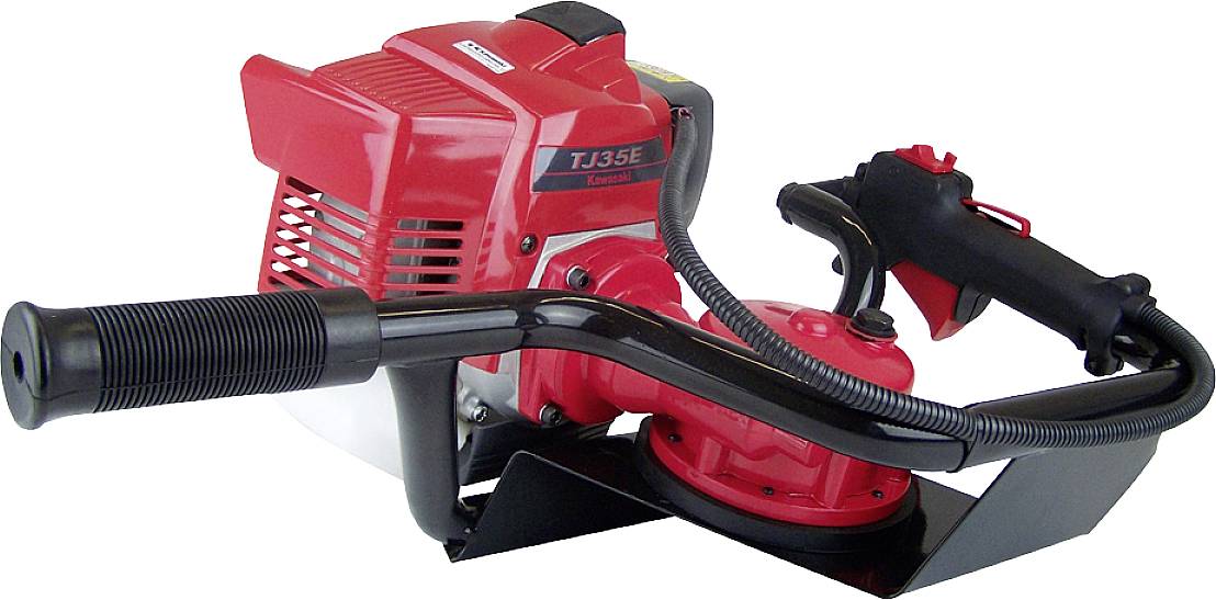 Czerwona głowica kosiarki spalinowej z uchwytem i czarną dźwignią gazu. Używana głównie do prac ogrodowych lub pielęgnacji terenów zielonych.