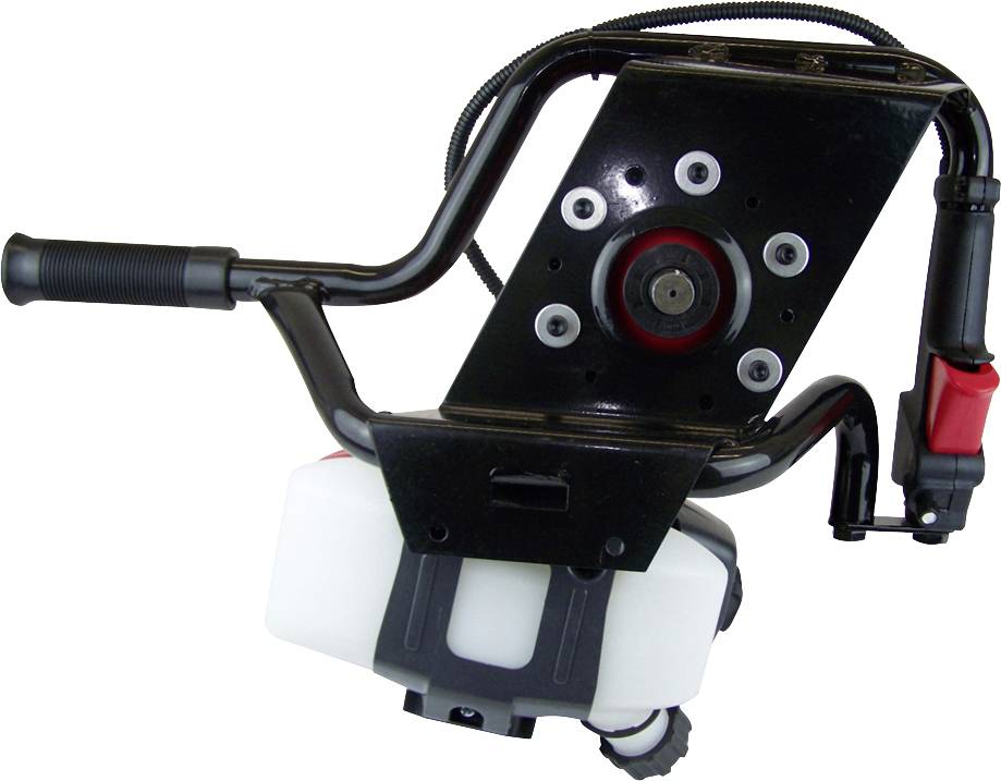 Czarny, prostokątny stelaż z czerwonym przyciskiem, uchwytem i przymocowanym białym pojemnikiem.