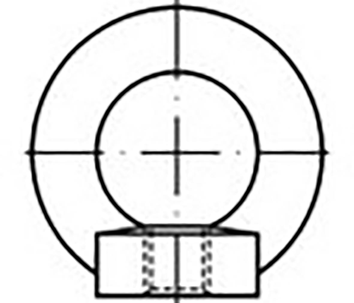Rysunek techniczny obiektu okrągłego z koncentrycznymi kołami i krzyżem pośrodku. U dołu prostokątne rozszerzenie.