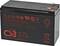 Czarna bateria zasilająca 12V 7.2Ah z zaciskami górnymi. Symbole producenta i bezpieczeństwa na przedniej stronie.