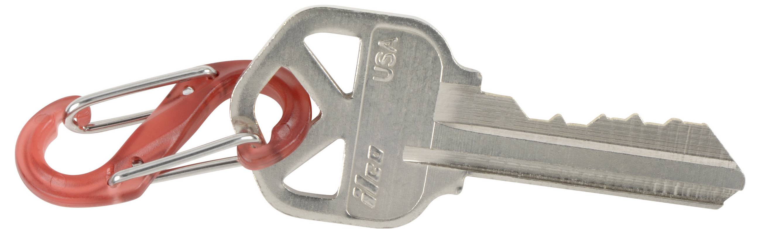 Srebrny klucz z czerwonym karabińczykiem na białym tle.