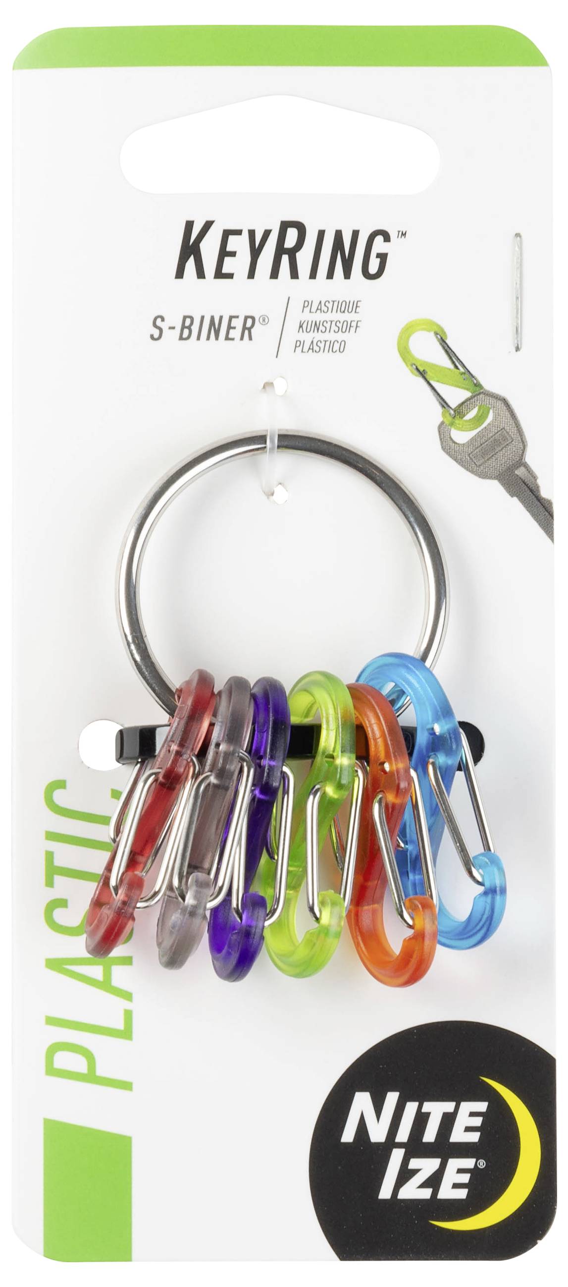 Brelok "KeyRing S-Biner" firmy Nite Ize. Opakowanie przedstawia metalowy pierścień z pięcioma małymi, kolorowymi klipsami S-Biner wykonanymi z plastiku w różnych odcieniach.
