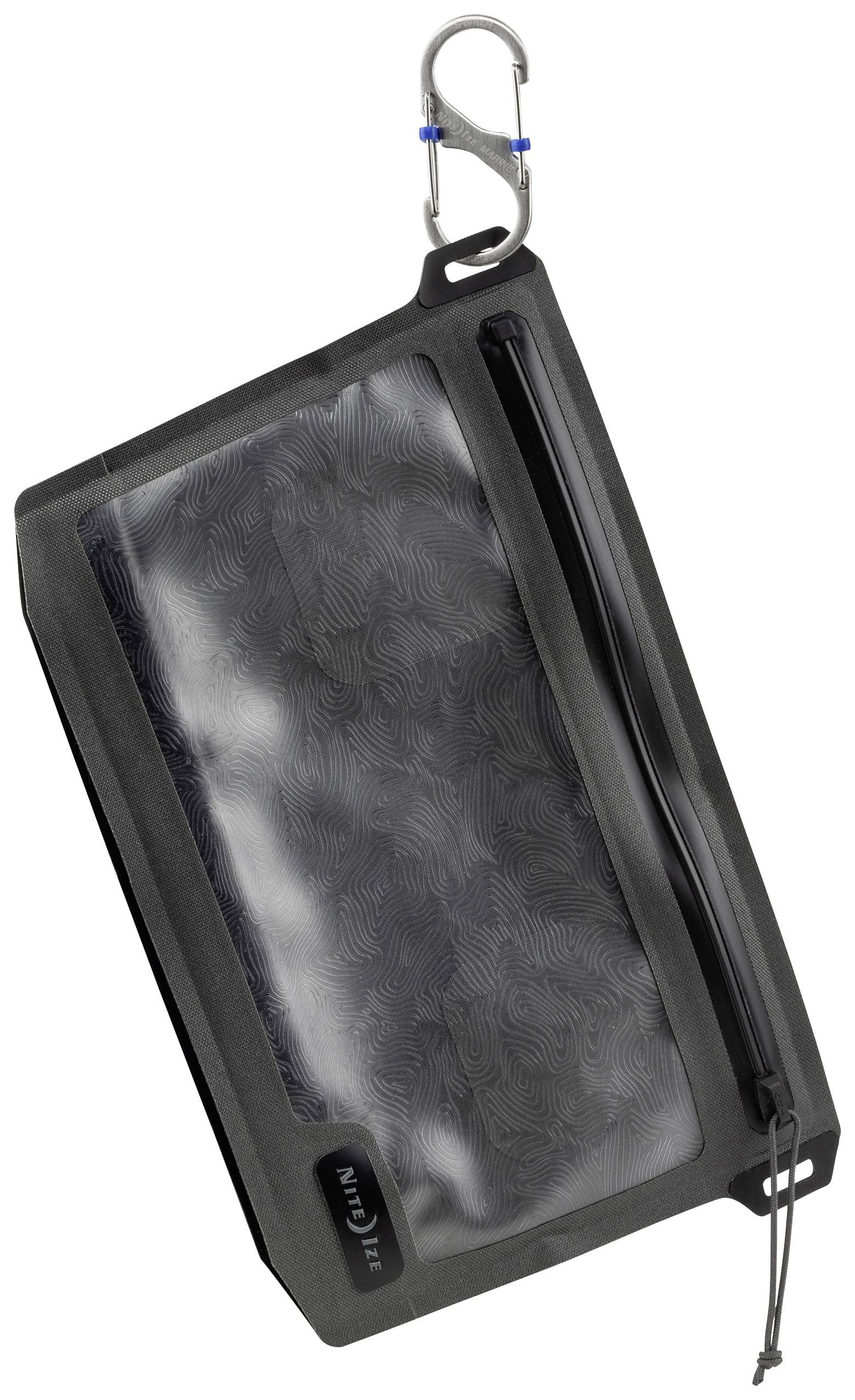 Wodoodporna torba z przezroczystą przednią stroną, czarną krawędzią, zamkiem błyskawicznym i karabińczykiem do zawieszenia lub przymocowania.