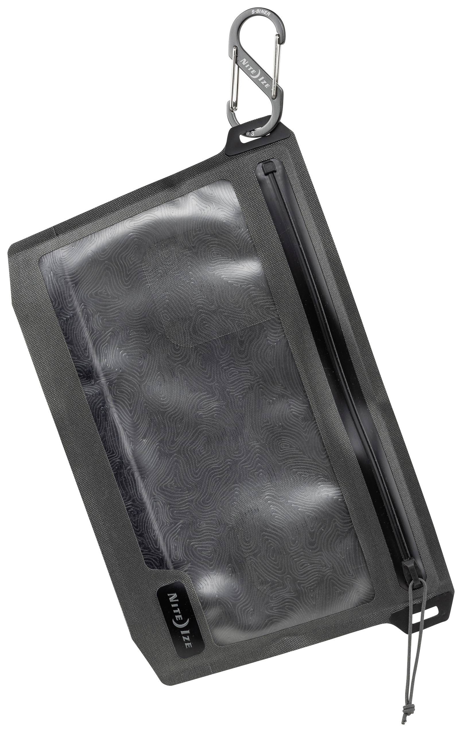 Szara, przezroczysta torba z zamkiem błyskawicznym i karabińczykiem u góry.