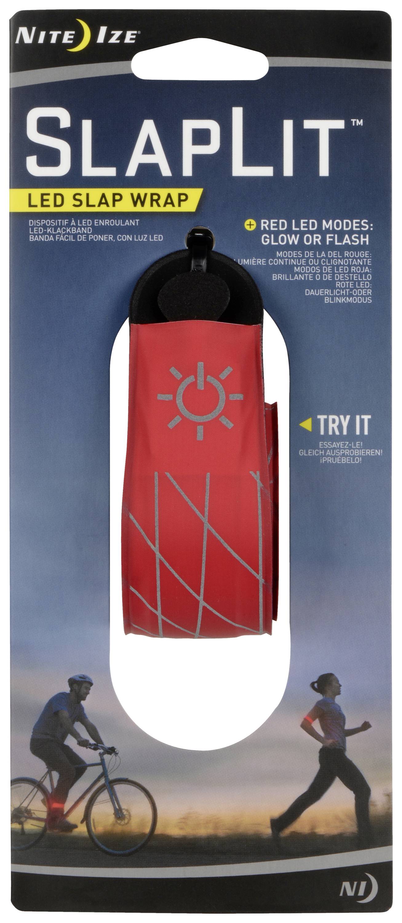 Nite Ize SlapLit LED-Reflektor w czerwonym opakowaniu, idealny dla biegaczy i rowerzystów. Dwa tryby LED: świecenie lub miganie.