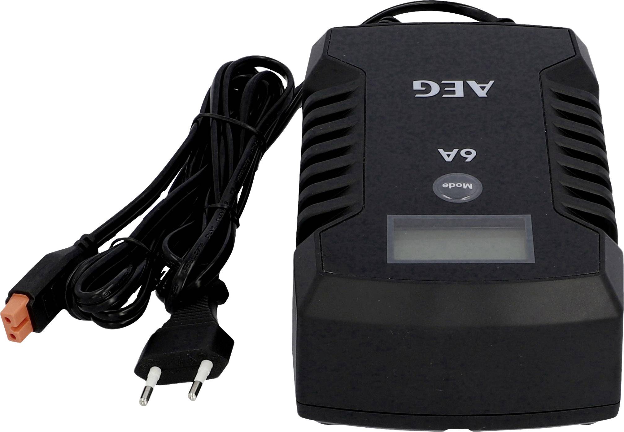 Ładowarka akumulatorów marki AEG, model 6A, z przewodem sieciowym i wtyczką europejską.