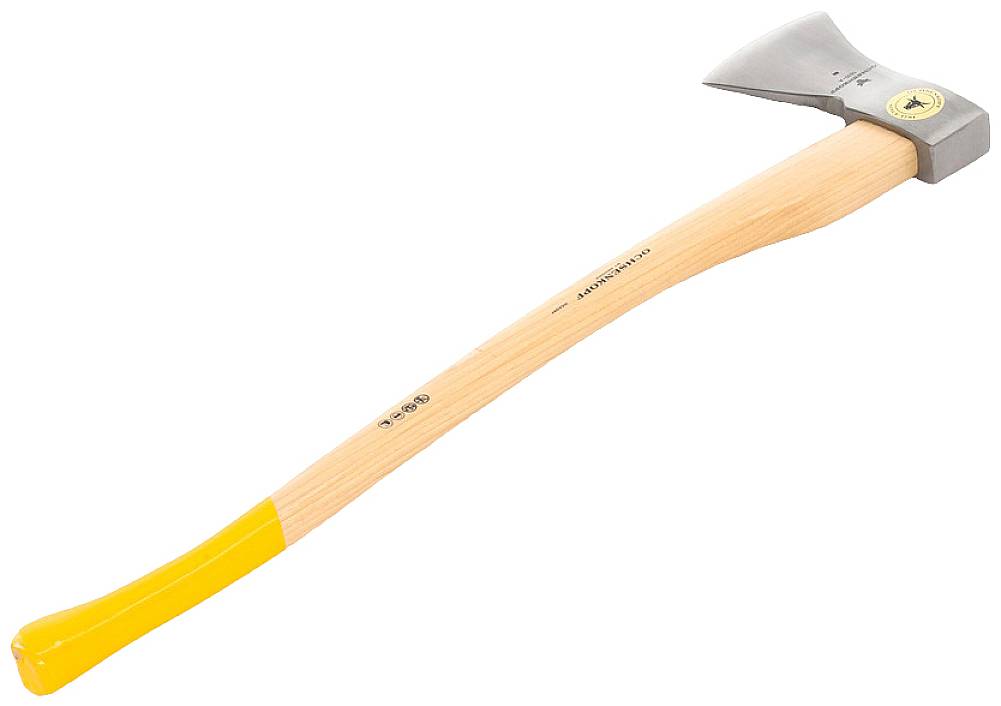 Siekiera z drewnianą rękojeścią i żółtym ostrzem, odpowiednia do prac drewnianych. Srebrny topór ma ostrą i płaską stronę.
