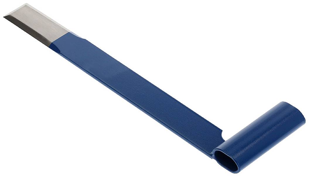 Niebieski uchwyt T-kształtny z długim, wąskim, płaskim metalowym końcem, często używany jako skrobak do farby.