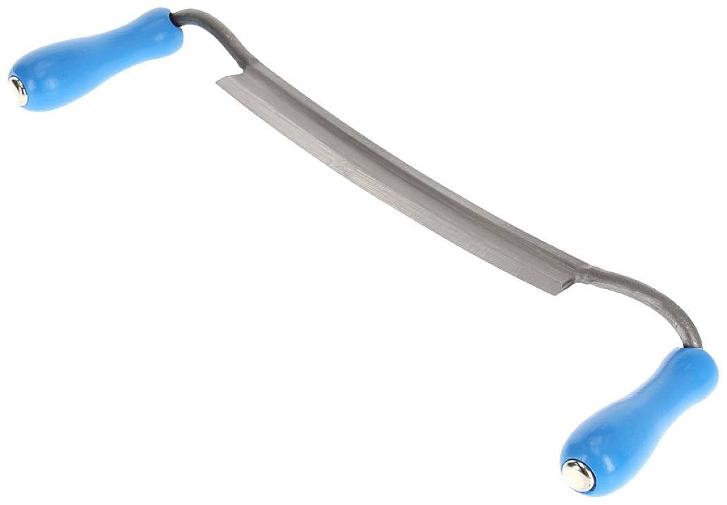 Skrobaczka z wygiętym metalowym ostrzem i niebieskimi uchwytami.