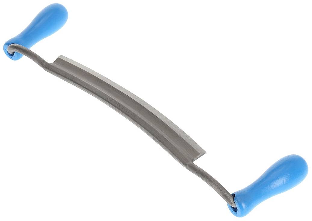 Narzędzie do rozłupywania drewna z zakrzywionym metalowym ostrzem i dwiema niebieskimi uchwytami. Używane do obróbki powierzchni drewna.
