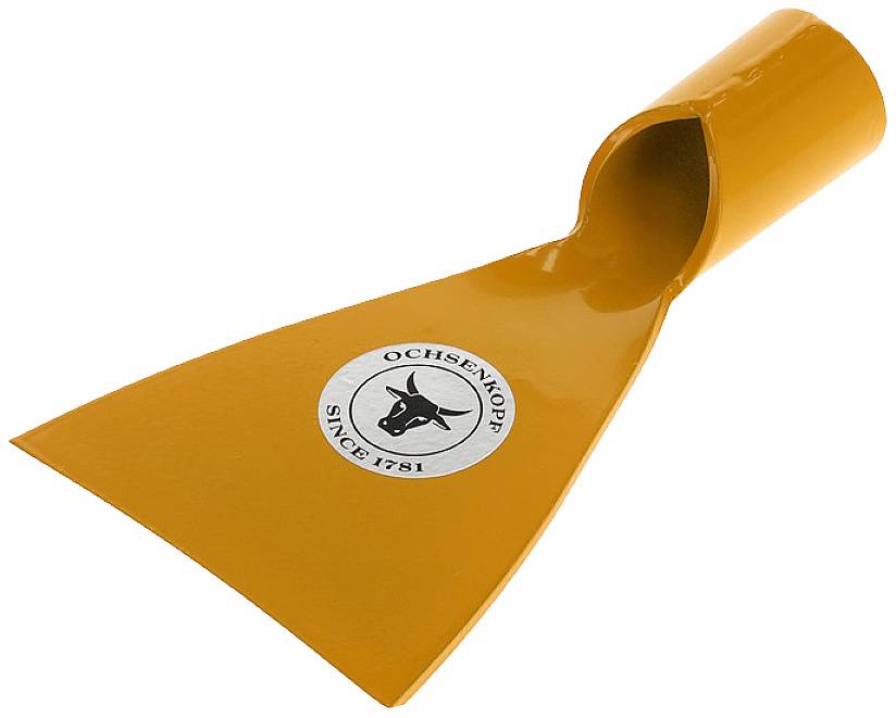 Pomarańczowa, płaska tarcza siekiery z nadrukiem 'Ochsenkopf od 1781' pośrodku.