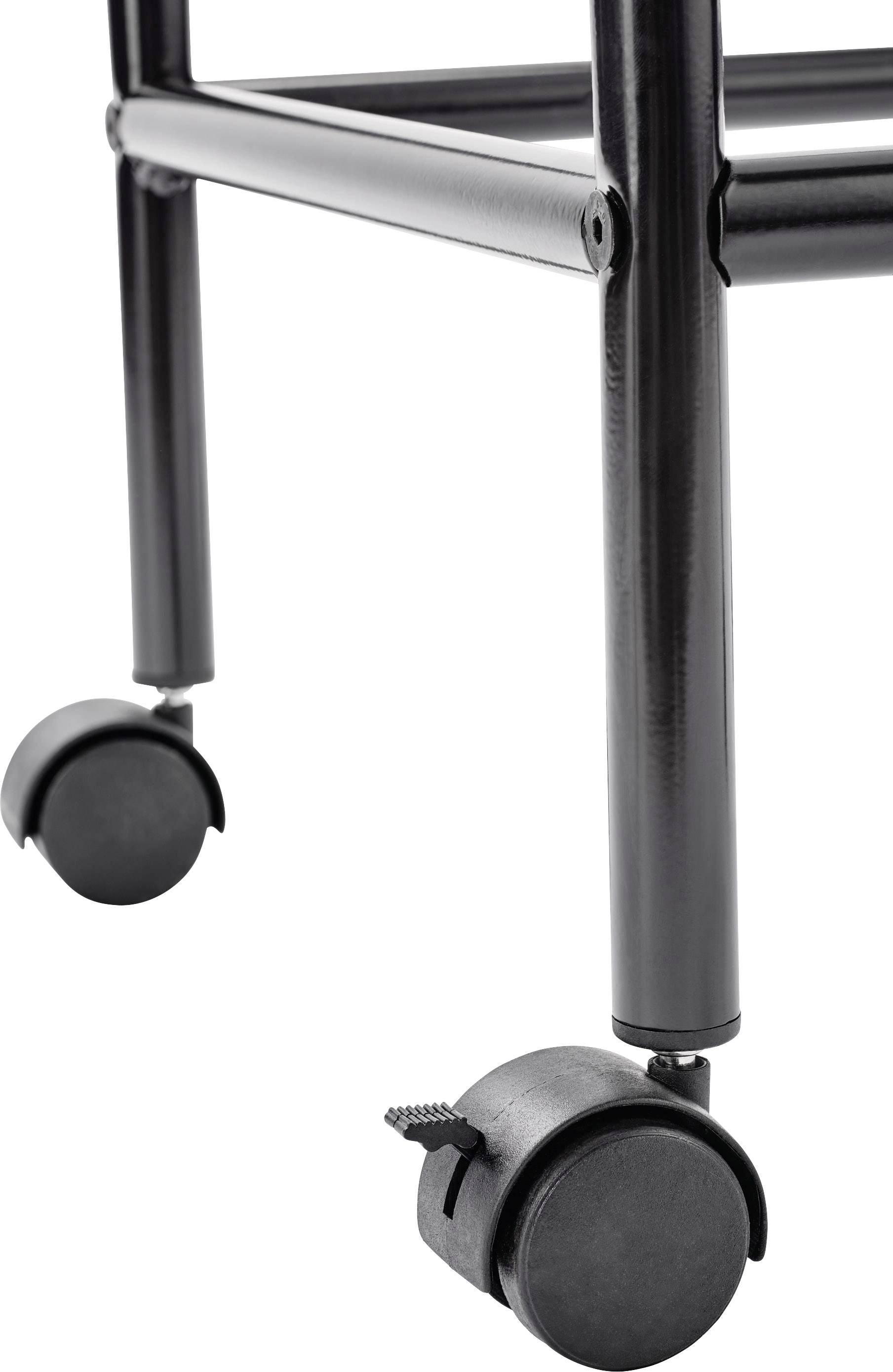 Czarna metalowa noga krzesła z kółkami, ujęcie z bliska dolnej struktury i rolek, odpowiednia do mebli biurowych lub warsztatu.