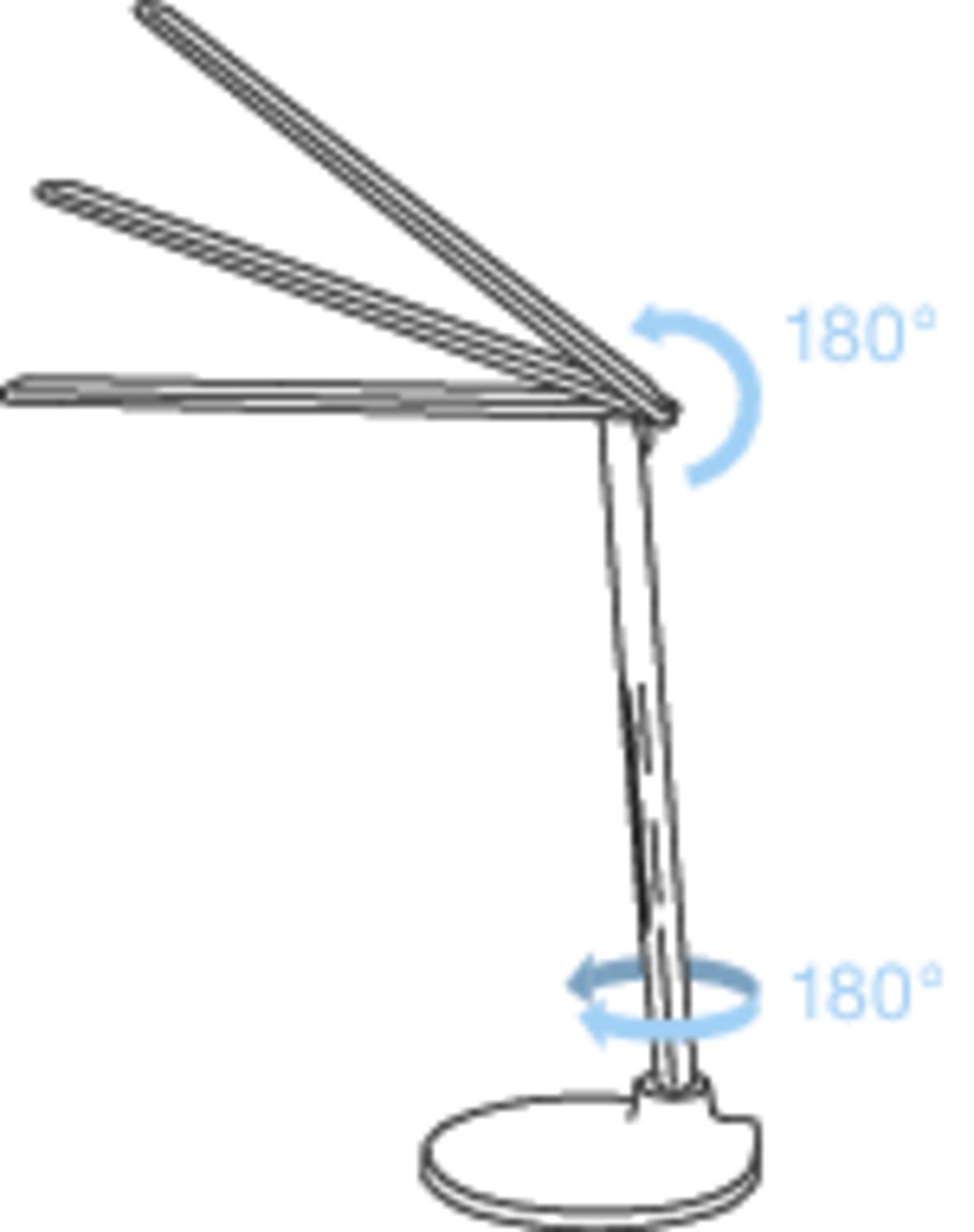 Lampa biurkowa z obrotowym ramieniem przedstawia dwie rotacje 180-stopniowe, jedną na ramieniu i jedną na podstawie.