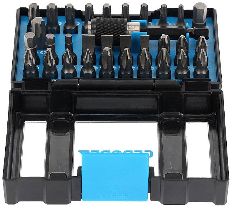 Zestaw różnych końcówek wkrętakowych w czarnym pudełku z niebieskim tłem i uchwytem.