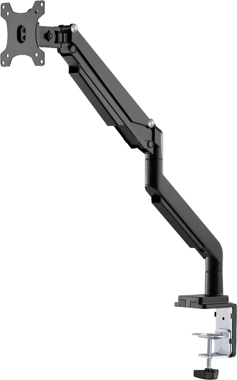 Czarny wysięgnik do monitorów, mocowany do krawędzi biurka, elastycznie regulowany, do ergonomicznego dostosowania stanowiska pracy.